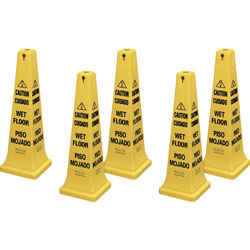 Rubbermaid 36 in Safety Cone, 5/Carton, Caution, Wet Floor Print/Message, 12.2 in x 36 in Height, Cone Shape, Stackable, Sturdy, Plastic, Bright Yellow