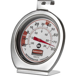 Rubbermaid Analog Thermometer, 20°F (-6.7°C) to +80°F (26.7°C), Dual Dial, For Refrigerator/Freezer, Chrome