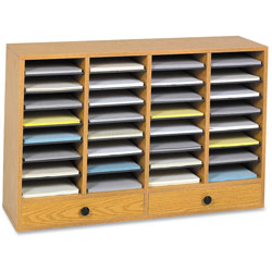 Safco Wood Literature Organizer, 32 Adjustable Compartments/2 Drawers, Medium Oak