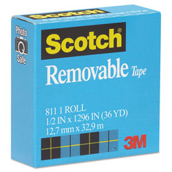 Scotch™ Removable Tape, 1" Core, 0.5" x 36 yds, Transparent (MMM811121296)