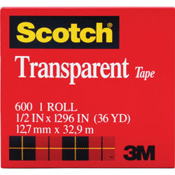 Scotch™ Transparent Tape, 1 in Core, 1/2 inx 36 Yds, 12/PK