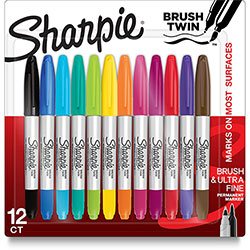 Sharpie® Brush Tip Permanent Marker, Twin Tip, Brush/Ultra-Fine Tip, Assorted Colors, 12/Pack