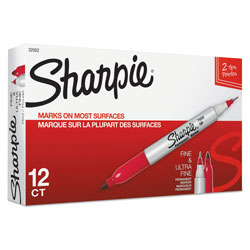 Sharpie® Twin-Tip Permanent Marker, Fine/Extra-Fine Bullet Tip, Red, Dozen (SAN32002BX)