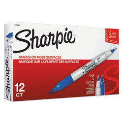 Sharpie® Twin-Tip Permanent Marker, Fine/Extra-Fine Bullet Tip, Blue, Dozen (SAN32003BX)