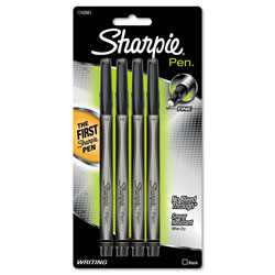 Sharpie® Water-Resistant Ink Stick Plastic Point Pen, 0.8 mm, Black Ink, Black/Gray Barrel, 4/Pack