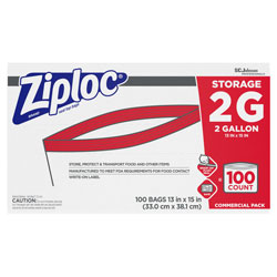Ziploc® Double Zipper Storage Bags, 2 gal, 1.75 mil, 15 in x 13 in, Clear, 100/Carton
