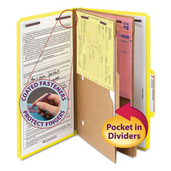 Smead 6-Section Pressboard Top Tab Pocket-Style Classification Folders with SafeSHIELD Fasteners, 2 Dividers, Legal, Yellow, 10/BX