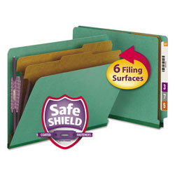 Smead End Tab Colored Pressboard Classification Folders with SafeSHIELD Coated Fasteners, 2 Dividers, Letter Size, Green, 10/Box (SMD26785)