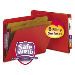 Smead End Tab Pressboard Classification Folders with SafeSHIELD Fasteners, 2 Dividers, Letter Size, Bright Red, 10/Box (SMD26783)