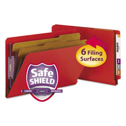 Smead End Tab Pressboard Classification Folders with SafeSHIELD Fasteners, 2 Dividers, Legal Size, Bright Red, 10/Box (SMD29783)