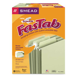 Smead Erasable FasTab Hanging Folders, Letter Size, 1/3-Cut Tab, Moss, 20/Box