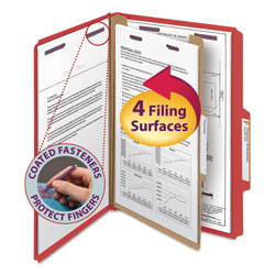 Smead Four-Section Pressboard Top Tab Classification Folders with SafeSHIELD Fasteners, 1 Divider, Legal Size, Bright Red, 10/Box (SMD18731)