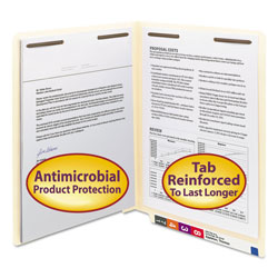Smead Manila Reinforced End Tab 2-Fastener Folders with Antimicrobial Product Protection, Straight Tab, Letter Size, 50/Box (SMD34116)