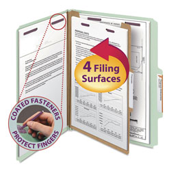 Smead Pressboard Classification Folders with SafeSHIELD Coated Fasteners, 2/5 Cut, 1 Divider, Letter Size, Gray-Green, 10/Box (SMD13776)