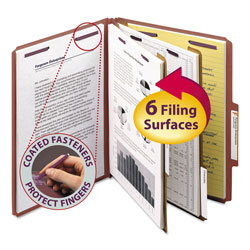 Smead Pressboard Classification Folders with SafeSHIELD Coated Fasteners, 2/5 Cut, 2 Dividers, Letter Size, Red, 10/Box (SMD14075)