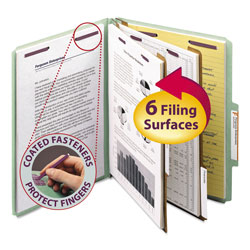 Smead Pressboard Classification Folders with SafeSHIELD Coated Fasteners, 2/5 Cut, 2 Dividers, Letter Size, Gray-Green, 10/Box (SMD14076)