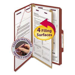 Smead Pressboard Classification Folders with SafeSHIELD Coated Fasteners, 2/5 Cut, 1 Divider, Legal Size, Red, 10/Box (SMD18775)