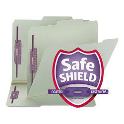 Smead Recycled Pressboard Folders w/Two SafeSHIELD Fasteners, 2/5-Cut Tab, Right of Center, 1 in Exp, Letter Size, Gray-Green, 25/Box