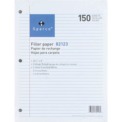 Sparco Filler Paper, College Ruled, 10 1/2"x8", 150/Pack, White