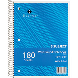 Sparco Notebooks, Wirebound, 5 Subject, 10 1/2"x8", Wide Ruled, 180SH