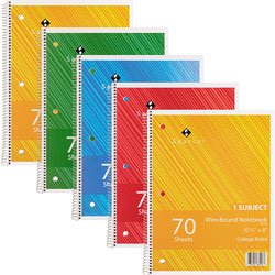 Sparco Notebooks, 1 Subject, 10-1/2 in x 8 in, College Ruled, 70 Sheet, 5/BD, Assorted