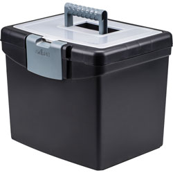 Storex Portable File Box, Letter Size, 14w x 11-1/4d x 14-1/2h, Supply Compartment, BK