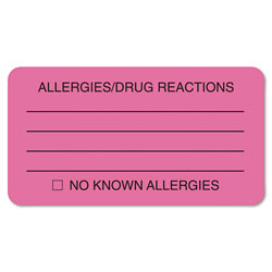 Tabbies Allergy Warning Labels, ALLERGIES/DRUG REACTIONS NO KNOWN ALLERGIES, 1.75 x 3.25, Pink, 250/Roll