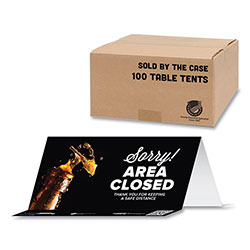 Tabbies BeSafe Messaging Table Top Tent Card, 8 x 3.87, Sorry! Area Closed Thank You For Keeping A Safe Distance, Black, 100/Carton