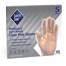 The Safety Zone Clear Powder Free Polyethylene Gloves - Small Size - 100 / Box - 11.75 in Glove Length