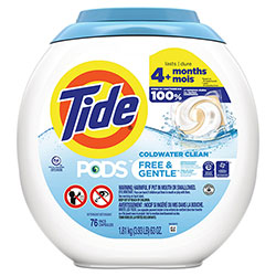 Tide PODS Laundry Detergent, Free and Gentle, 63 oz Tub, 76 Pacs/Tub, 4 Tubs/Carton