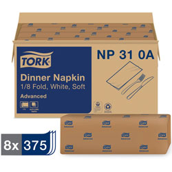 Tork White Dinner Napkin - White Dinner Napkin, Advanced, 1/8 Fold 2-ply, 8 x 375 napkins, 15 in x 16.25 in , NP310A