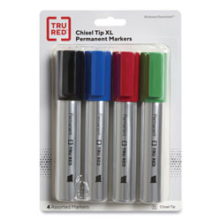 TRU RED™ XL Permanent Marker, Extra-Broad Chisel Tip, Assorted Colors, 4/Pack