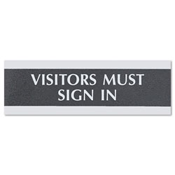 U.S. Stamp & Sign Century Series Office Sign, VISITORS MUST SIGN IN, 9 x 3, Black/Silver