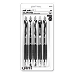 Uni-Ball Signo 207 Gel Pen, Retractable, Medium 0.7 mm, Black Ink, Clear/Black Barrel, 5/Pack