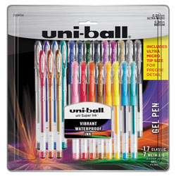 Uni-Ball Stick Gel Pen, 17 Micro; 7 Med, Assorted Ink, Clear Barrel, 24/Set