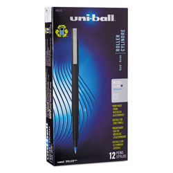 Uni-Ball Stick Roller Ball Pen, Micro 0.5mm, Blue Ink, Black Matte Barrel, Dozen (UBC60153)