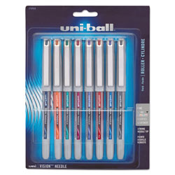 Uni-Ball VISION Needle Stick Roller Ball Pen, Fine 0.7mm, Assorted Ink, Silver Barrel, 8/Set