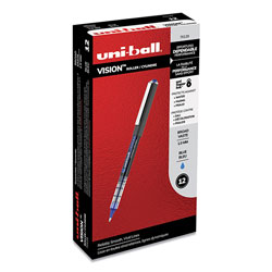 Uni-Ball VISION Roller Ball Pen, Bold 1 mm, Blue Ink, Black/Blue Barrel, Dozen