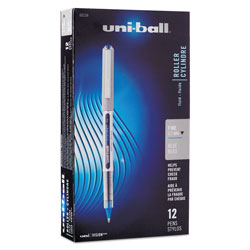 Uni-Ball VISION Stick Roller Ball Pen, Fine 0.7mm, Blue Ink, Blue/Gray Barrel, Dozen (UBC60134)