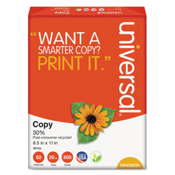 Universal 30% Recycled Copy Paper, 92 Bright, 20 lb Bond Weight, 8.5 x 11, White, 500 Sheets/Ream, 10 Reams/Carton (UNV20030)