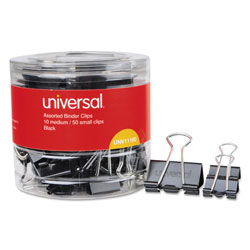 Universal Binder Clips with Storage Tub, (50) Small (0.75 in), (10) Medium (1.25 in), Black/Silver