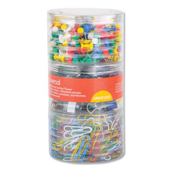 Universal Combo Clip Pack with 3-Tier Organizer Tub, (380) Small Paper Clips, (280) Push Pins, (46) Small Binder Clips, Assorted Colors