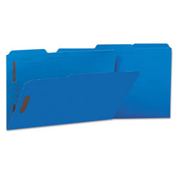 Universal Deluxe Reinforced Top Tab Fastener Folders, 0.75 in Expansion, 2 Fasteners, Legal Size, Blue Exterior, 50/Box