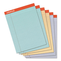 Universal Colored Perforated Ruled Writing Pads, Wide/Legal Rule, 50 Assorted Color 8.5 x 11.75 Sheets, 6/Pack