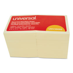 Universal Recycled Self-Stick Note Pads, 3" x 3", Yellow, 100 Sheets/Pad, 18 Pads/Pack (UNV28068)