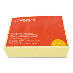 Universal Recycled Self-Stick Note Pads, Note Ruled, 4 in x 6 in, Yellow, 100 Sheets/Pad, 12 Pads/Pack