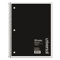 Universal Wirebound Notebook, 3-Subject, Medium/College Rule, Black Cover, (120) 11 x 8.5 Sheets