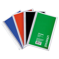 Universal Wirebound Notebook, 3-Subject, Medium/College Rule, Assorted Cover Colors, (120) 9.5 x 6 Sheets, 4/Pack