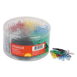 Universal Plastic-Coated Paper Clips with Six-Compartment Organizer Tub, #3, Assorted Colors, 1,000/Pack