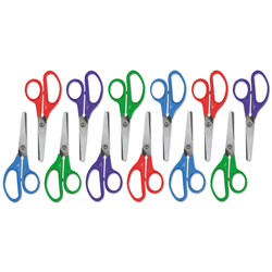 Universal Kids' Scissors, Rounded Tip, 5 in Long, 1.75 in Cut Length, Assorted Straight Handles, 12/Pack
